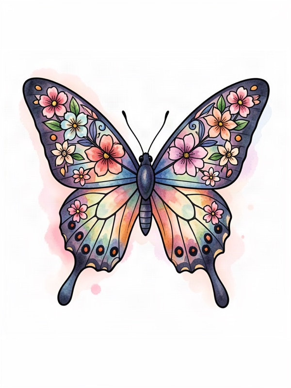 Watercolor tattoo design: a butterfly whose wings are made of flowers