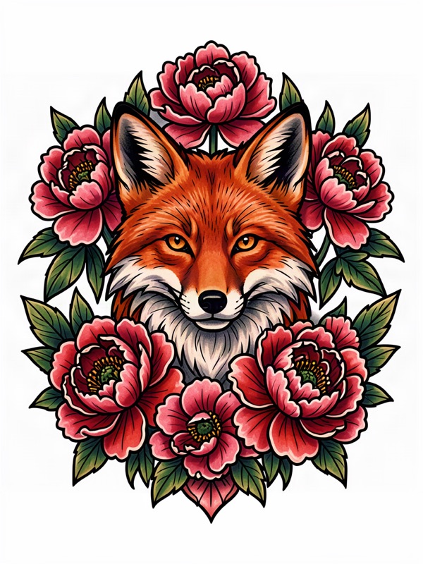 Neo-traditional tattoo design: a fox head framed by peonies and leaves