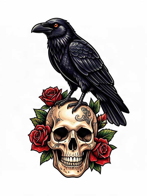 Neo-traditional tattoo design: a raven standing on a skull with roses
