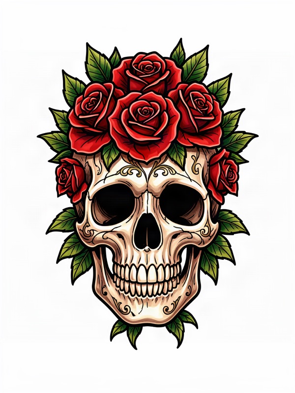 Neo-traditional tattoo design: a skull with roses growing through it
