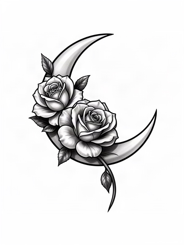 Sample tattoo concept of a rose wrapped around a crescent moon