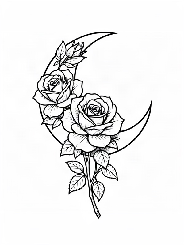 Sample tattoo concept of a rose wrapped around a crescent moon